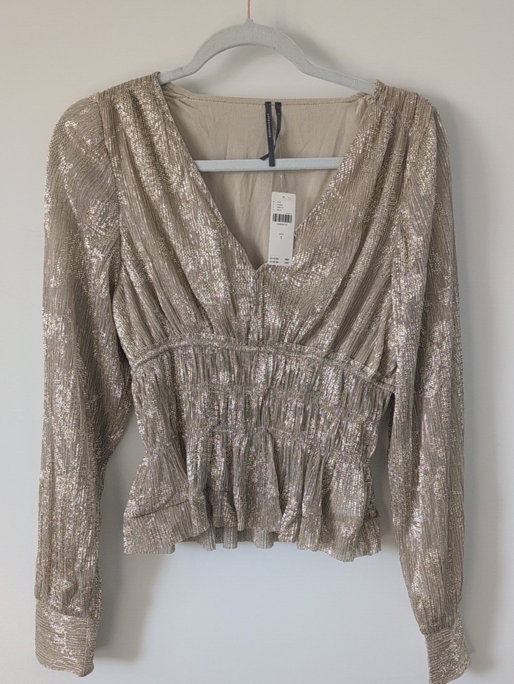 Anthropologie Metallic Champagne Peplum V-Neck Blouse